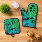 Blue abstract potholder and oven,Beautiful green 鍋つかみ&鍋敷きセット (トップダウン)