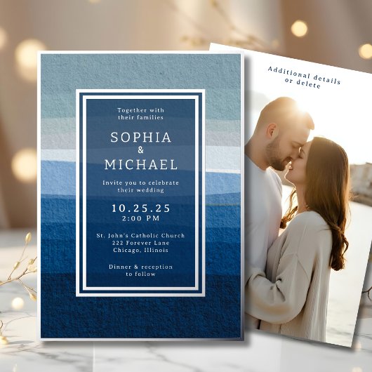Blue Abstract Wedding Invitation Photo Template  箔シーズンカード