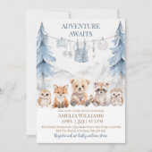 Blue Adventure Awaits Woodland Baby Shower 招待状 (正面)