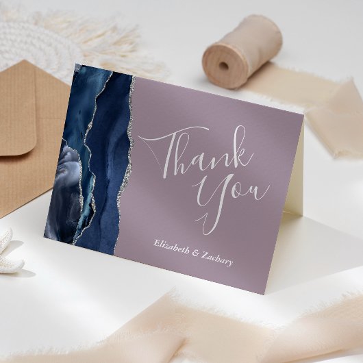 Blue Agate Silver Glitter Mauve Wedding Thank You カード