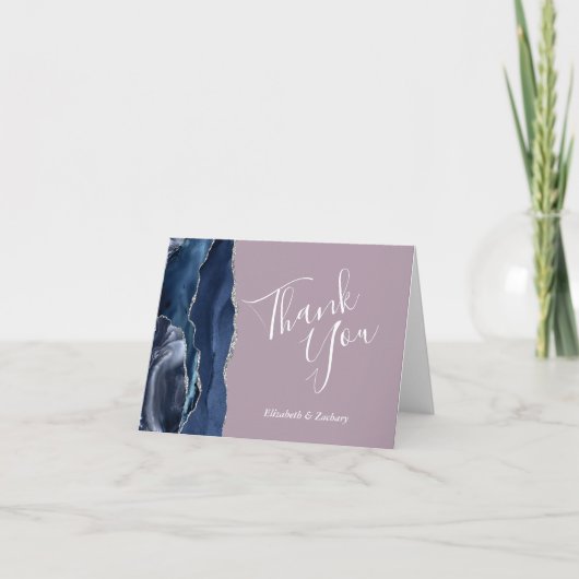 Blue Agate Silver Glitter Mauve Wedding Thank You カード (正面)