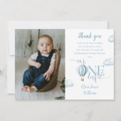 Blue Air Balloon Photo 1st Birthday Party サンキューカード (正面)