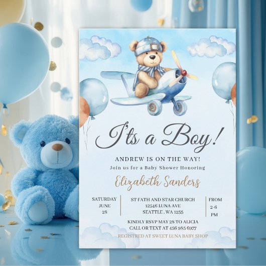 Blue Airplane Teddy Bear Baby Shower Invitation 招待状