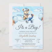 Blue Airplane Teddy Bear Baby Shower Invitation 招待状 (正面)