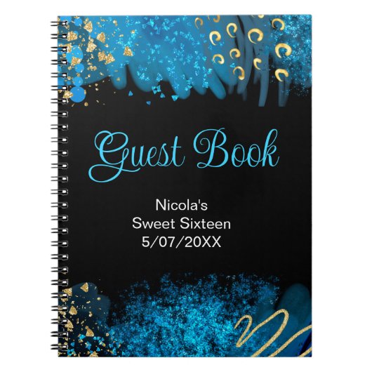 Blue Alcohol Ink Sweet 16 Birthday Guest Book ノートブック (正面)