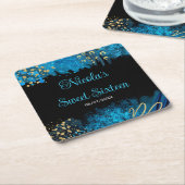 Blue Alcohol Ink Sweet 16 Birthday Party スクエアペーパーコースター (アングル)