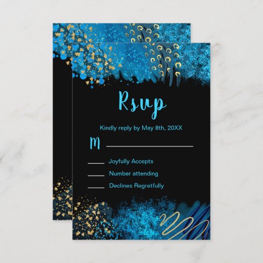 Blue Alcohol Ink Sweet 16 Birthday Party RSVP (正面/裏面)