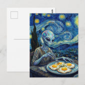 Blue Alien Eating Fried Eggs Faux Van Gogh ポストカード (正面/裏面)