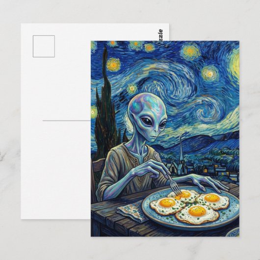 Blue Alien Eating Fried Eggs Faux Van Gogh ポストカード (正面/裏面)
