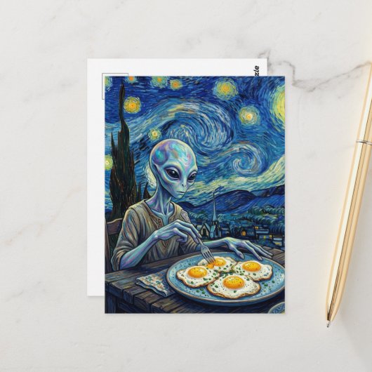 Blue Alien Eating Fried Eggs Faux Van Gogh ポストカード (正面/裏面インサイチュ)