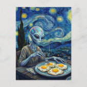 Blue Alien Eating Fried Eggs Faux Van Gogh ポストカード (正面)