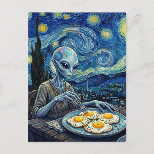 Blue Alien Eating Fried Eggs Faux Van Gogh ポストカード (正面)