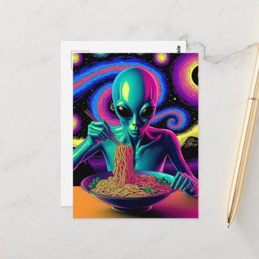 Blue Alien Eating Noodles ポストカード (正面/裏面インサイチュ)