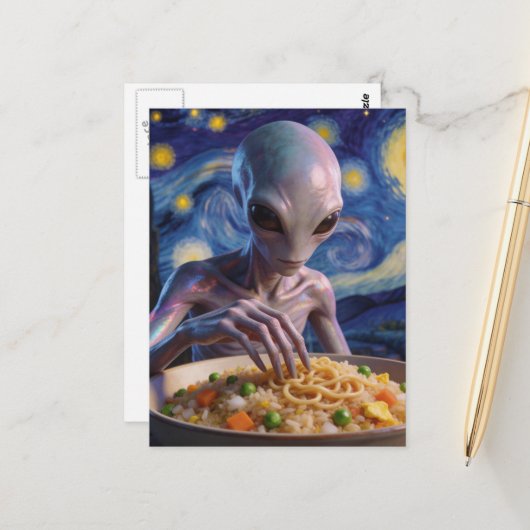 Blue Alien Eating Noodles and Veggies ポストカード (正面/裏面インサイチュ)