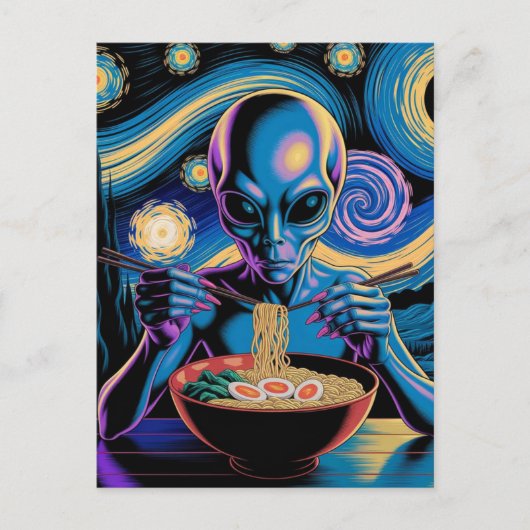 Blue Alien Eating Ramen ポストカード (正面)