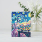 Blue Alien in Pink Dress Eats Pizza Faux Van Gogh ポストカード (スタンド正面)