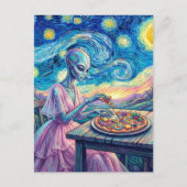 Blue Alien in Pink Dress Eats Pizza Faux Van Gogh ポストカード (正面)