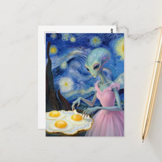 Blue Alien Pink Dress Eat Fried Eggs Faux Van Gogh ポストカード (正面/裏面インサイチュ)