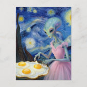 Blue Alien Pink Dress Eat Fried Eggs Faux Van Gogh ポストカード (正面)