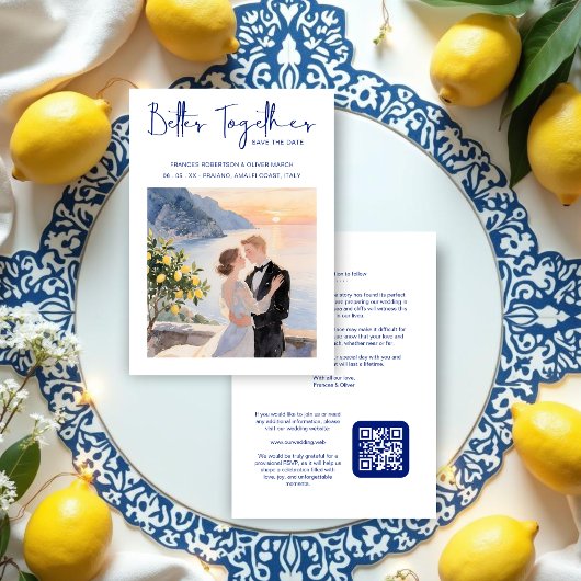 Blue Amalfi Coast Lemon Tree Chic Wedding Couple セーブザデート