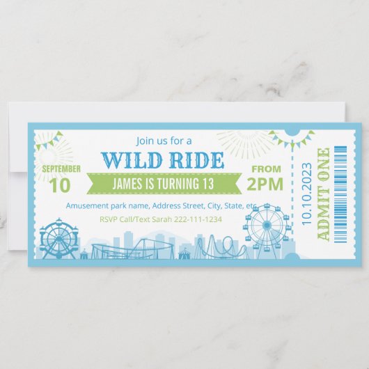 Blue Amusement Park Birthday Invitation Ticket  招待状 (正面)