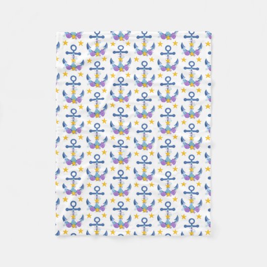 Blue Anchor Purple Seashells Yellow Starfish フリースブランケット (正面)