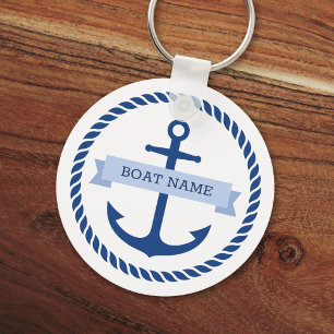 Blue anchor rope border boat name keys white キーホルダー