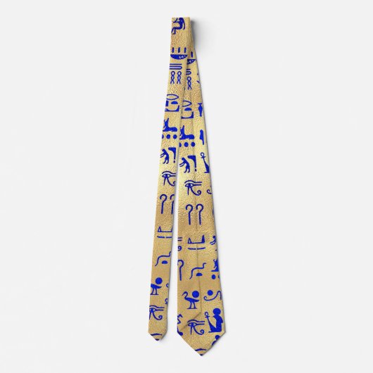 Blue Ancient Egyptian Hieroglyphics Art on Gold ネクタイ (裏面)
