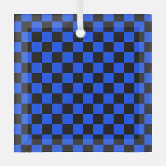 Blue and black checkerboard pattern ガラスオーナメント (正面)