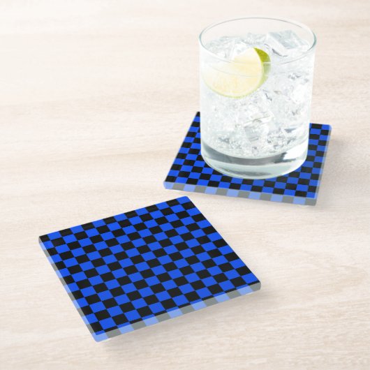 Blue and black checkerboard pattern ガラスコースター (アングル)