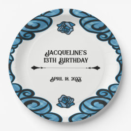 Blue and Black Gated Rose Princess Birthday  ペーパープレート