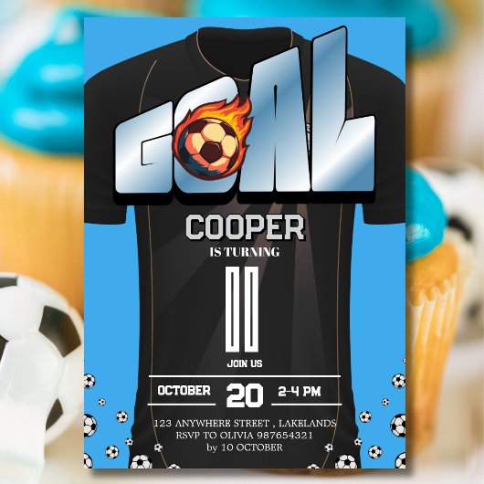 Blue and Black Soccer Shirt Birthday Party  招待状