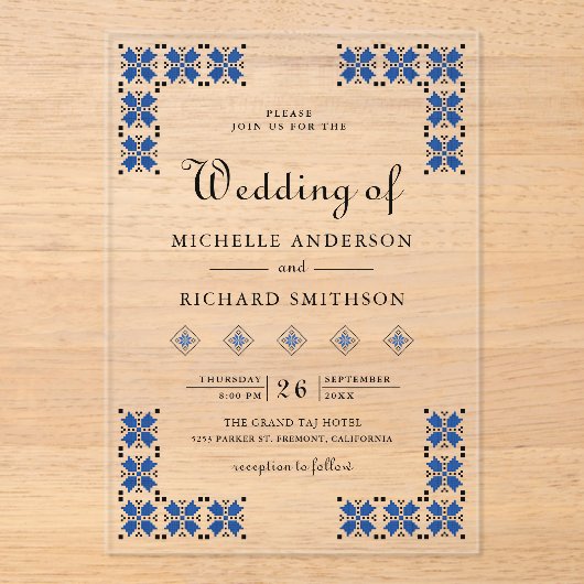 Blue and Black Ukrainian Embroidery Wedding アクリル招待状 (正面)