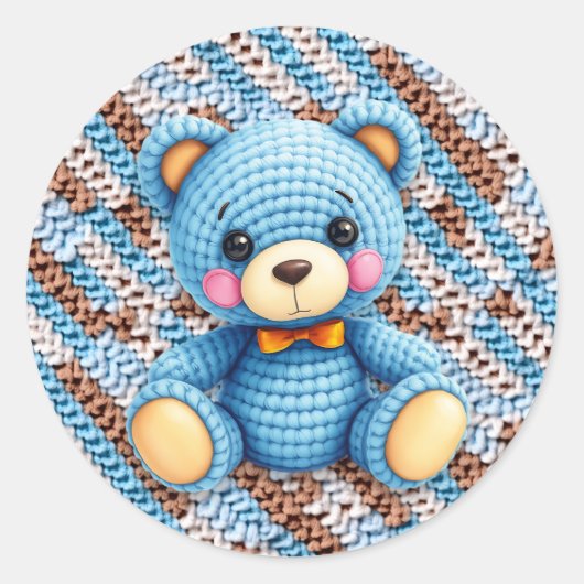 Blue and Brown Crocheted Teddy Bear ラウンドシール (正面)