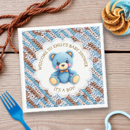 Blue and Brown Crocheted Teddy Bear It's a Boy スタンダードランチョンナプキン