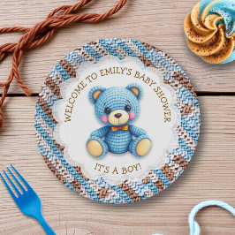 Blue and Brown Crocheted Teddy Bear It's a Boy ペーパープレート