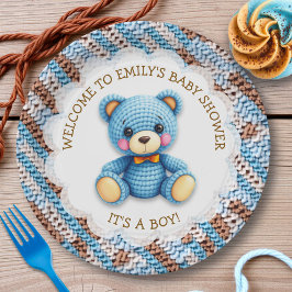 Blue and Brown Crocheted Teddy Bear It's a Boy ペーパープレート