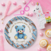 Blue and Brown Crocheted Teddy Bear It's a Boy ペーパープレート (パーティー)