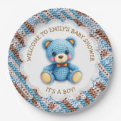 Blue and Brown Crocheted Teddy Bear It's a Boy ペーパープレート (正面)