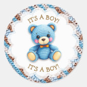 Blue and Brown Crocheted Teddy Bear It's a Boy ラウンドシール (正面)