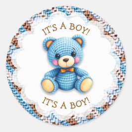 Blue and Brown Crocheted Teddy Bear It's a Boy ラウンドシール