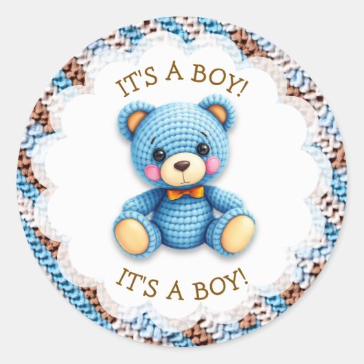 Blue and Brown Crocheted Teddy Bear It's a Boy ラウンドシール (正面)