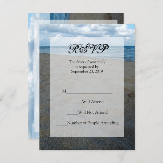 Blue and Brown Sands ~ビーチ結婚式RSVP返信 インビテーションポストカード (正面/裏面)