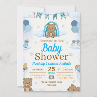 blue and brown watercolor illustration baby shower 招待状