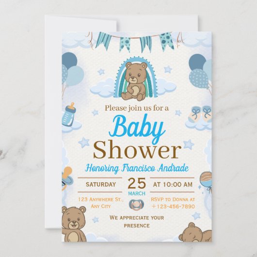 blue and brown watercolor illustration baby shower 招待状 (正面)