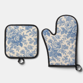 Blue and Cream Floral Toile de Jouy 鍋つかみ&鍋敷きセット
