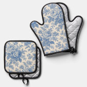 Blue and Cream Floral Toile de Jouy 鍋つかみ&鍋敷きセット (正面/裏面)