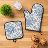 Blue and Cream Floral Toile de Jouy 鍋つかみ&鍋敷きセット (トップダウン)