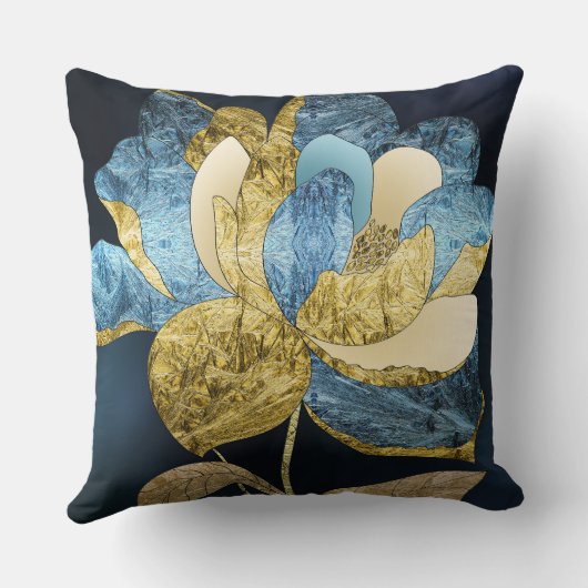 Blue and Gold Abstract Flower with Textured Petals クッション (裏面)