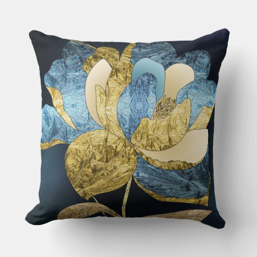 Blue and Gold Abstract Flower with Textured Petals クッション (正面)